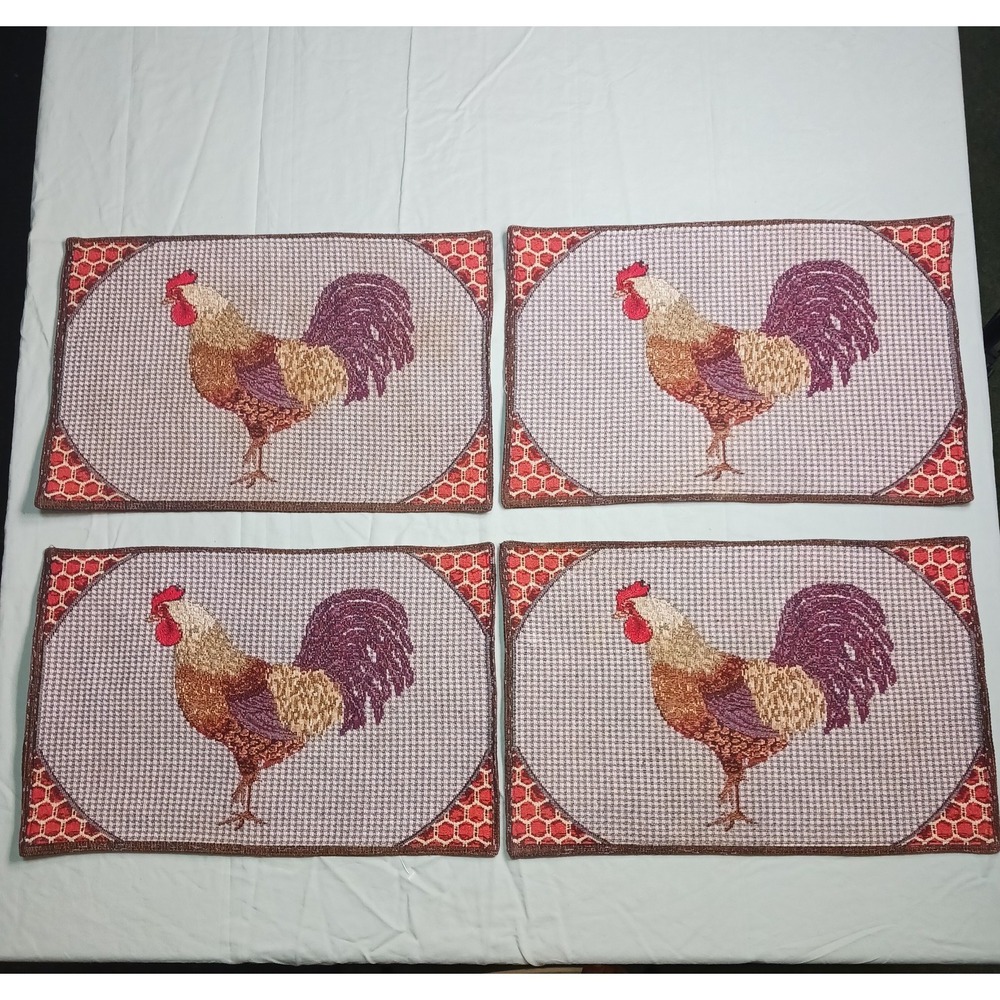 VTG Rooster Chicken Tapestry Placemats Set Of 4: 18"x12" Fall Cottage Farm core